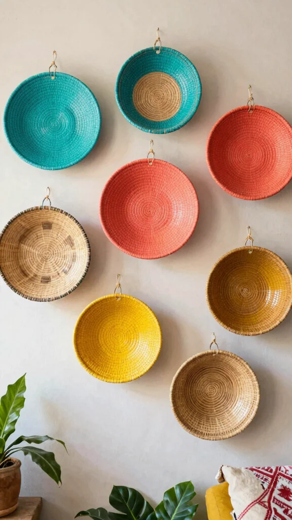 12 Wall Hanging Basket Ideas for a Boho Layered Natural Decor - 2. Colorful Pop with Painted Baskets 1