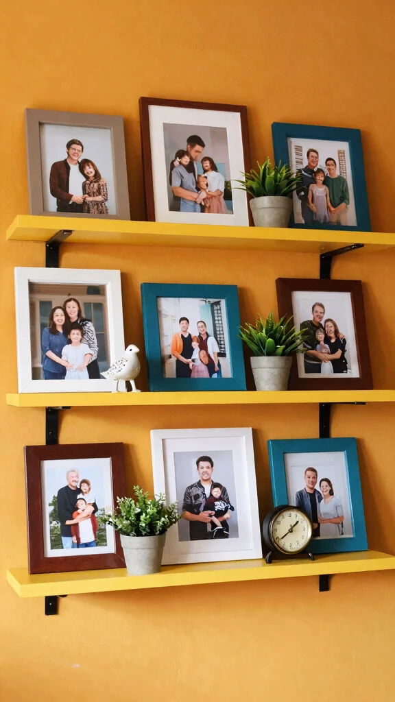 12 Wall Shelf Decor Ideas for a Curated Beautiful Display - 2. Eclectic Mix of Frames 1