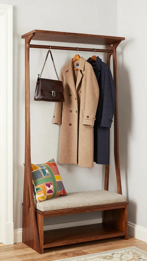 12 Wooden Wall Clothes Hanger Ideas for a Warm Natural Display - 10. Elegant Wooden Coat Rack with Bench 1