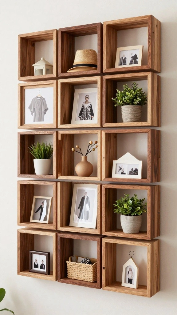 12 Wooden Wall Clothes Hanger Ideas for a Warm Natural Display - 4. Artistic Wooden Grid Display 1