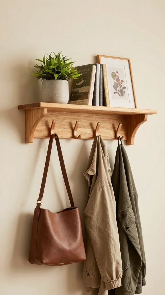12 Wooden Wall Clothes Hanger Ideas for a Warm Natural Display - 6. Layered Wooden Shelves with Hooks 1