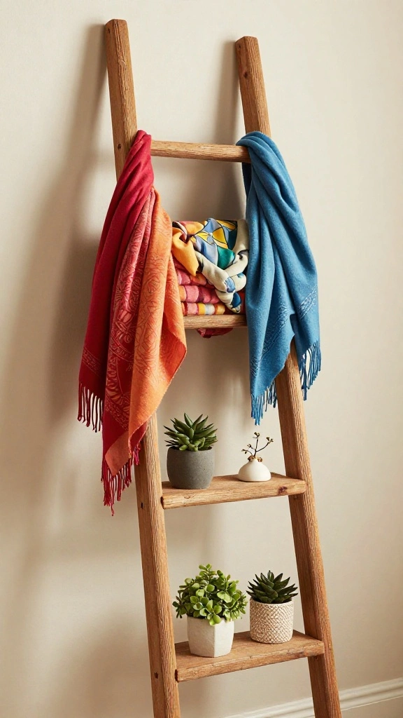 12 Wooden Wall Clothes Hanger Ideas for a Warm Natural Display - 7. Creative Wooden Ladder Rack 1