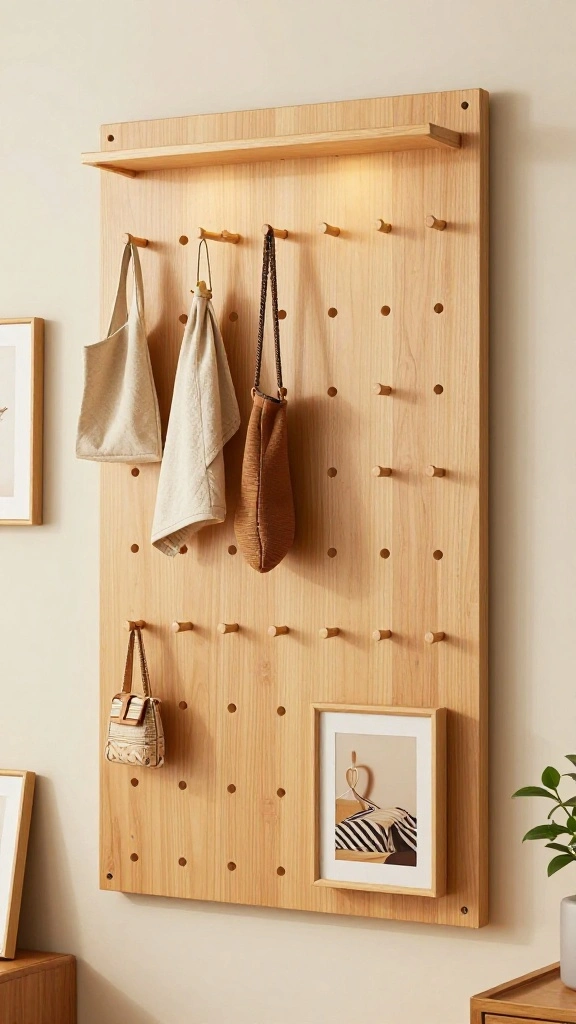 12 Wooden Wall Clothes Hanger Ideas for a Warm Natural Display - 8. Natural Wood Pegboard Display 1