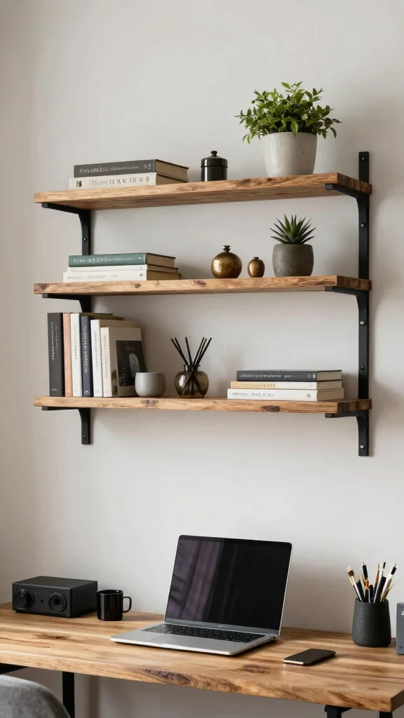 13 Above-Desk Shelf Ideas for a Productive Organized Workspace - 10. DIY Wood and Metal Shelf Combination 1