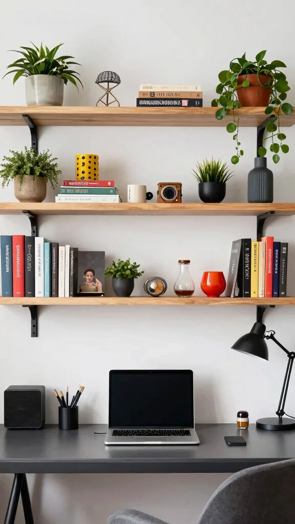 13 Above-Desk Shelf Ideas for a Productive Organized Workspace - 11. Horizontal Shelves for a Funky Look 1
