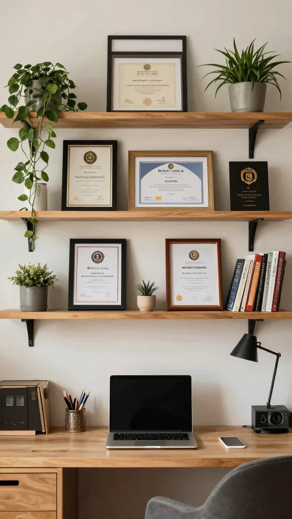 13 Above-Desk Shelf Ideas for a Productive Organized Workspace - 12. Displaying Your Achievements on Shelves 1