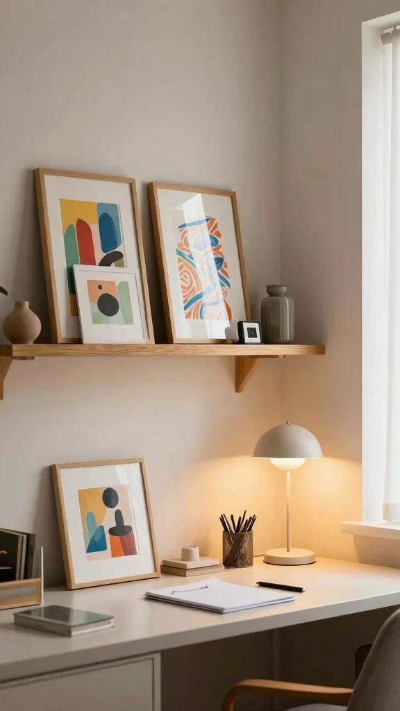 13 Above-Desk Shelf Ideas for a Productive Organized Workspace - 4. Art Display Shelf for Inspiration 1