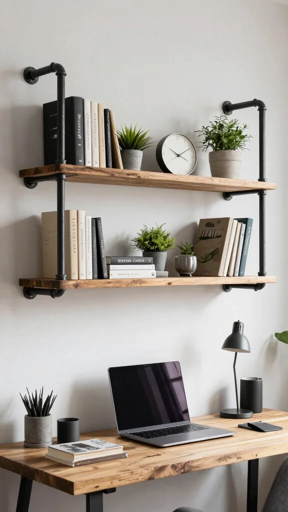 13 Above-Desk Shelf Ideas for a Productive Organized Workspace - 5. Industrial Pipe Shelving for a Modern Edge 1