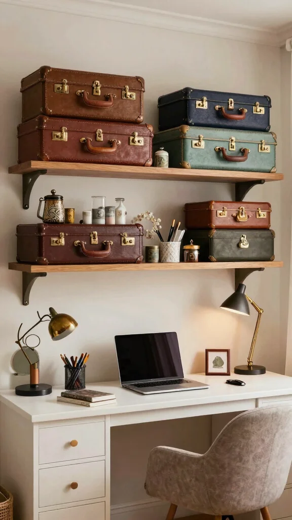 13 Above-Desk Shelf Ideas for a Productive Organized Workspace - 7. Vintage Suitcase Shelves for a Unique Touch 1