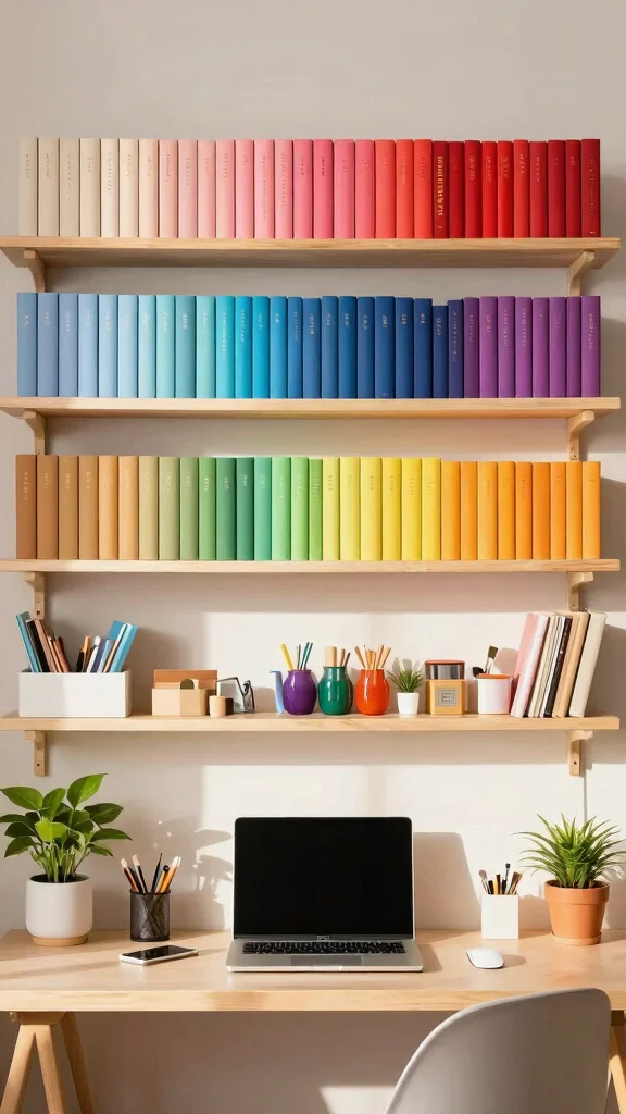 13 Above-Desk Shelf Ideas for a Productive Organized Workspace - 8. Color-Coded Shelf Organization 1
