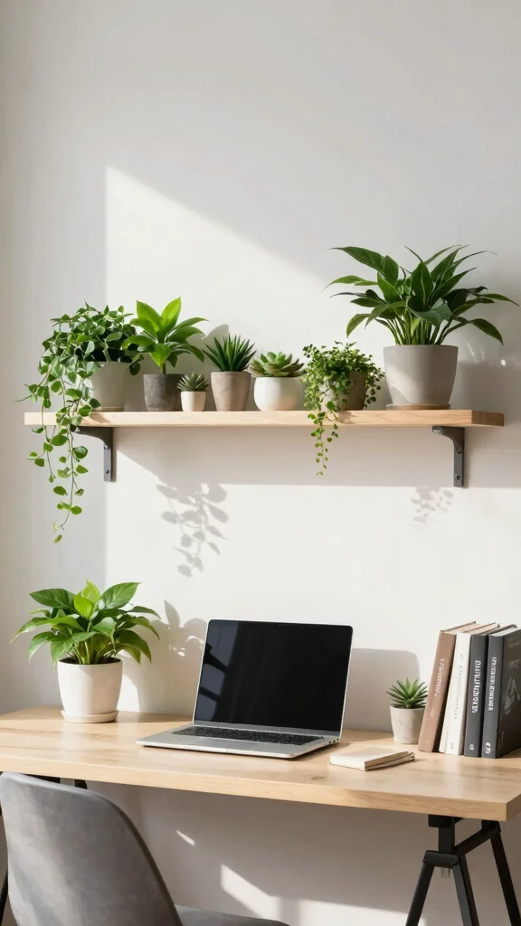 13 Above-Desk Shelf Ideas for a Productive Organized Workspace - 9. A Plant Shelf for Air Quality and Aesthetics 1