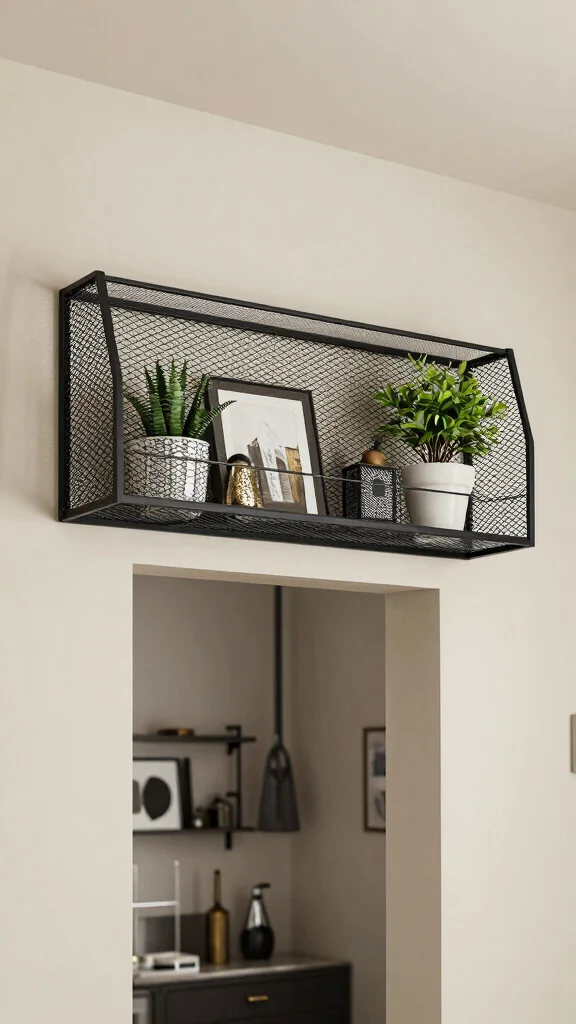 13 Above-Doorway Shelf Ideas for Vertical Storage and Display - 11. Wire Mesh Shelf for a Modern Industrial Look 1