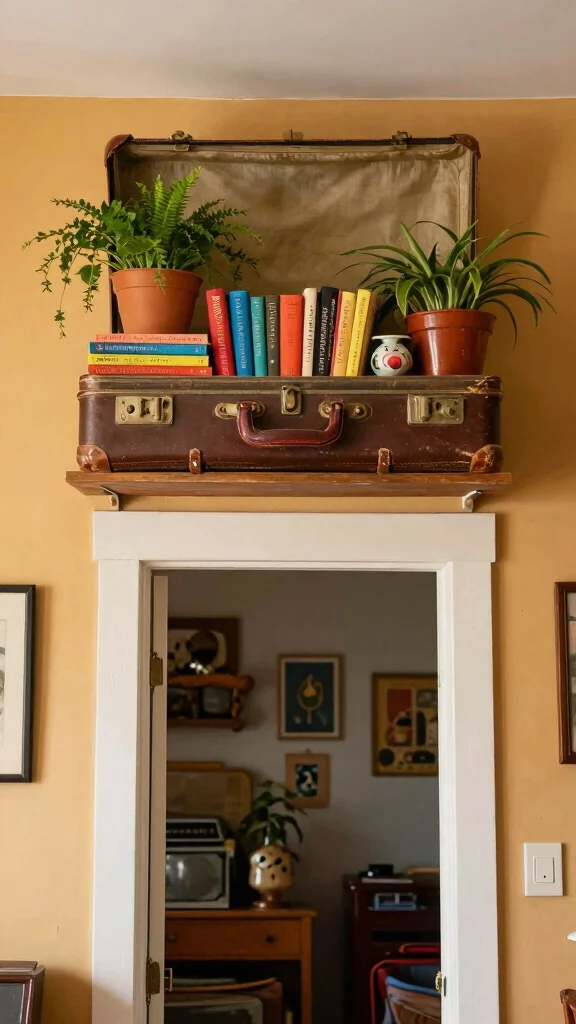 13 Above-Doorway Shelf Ideas for Vertical Storage and Display - 6. Vintage Suitcase Shelf for Unique Charm 1