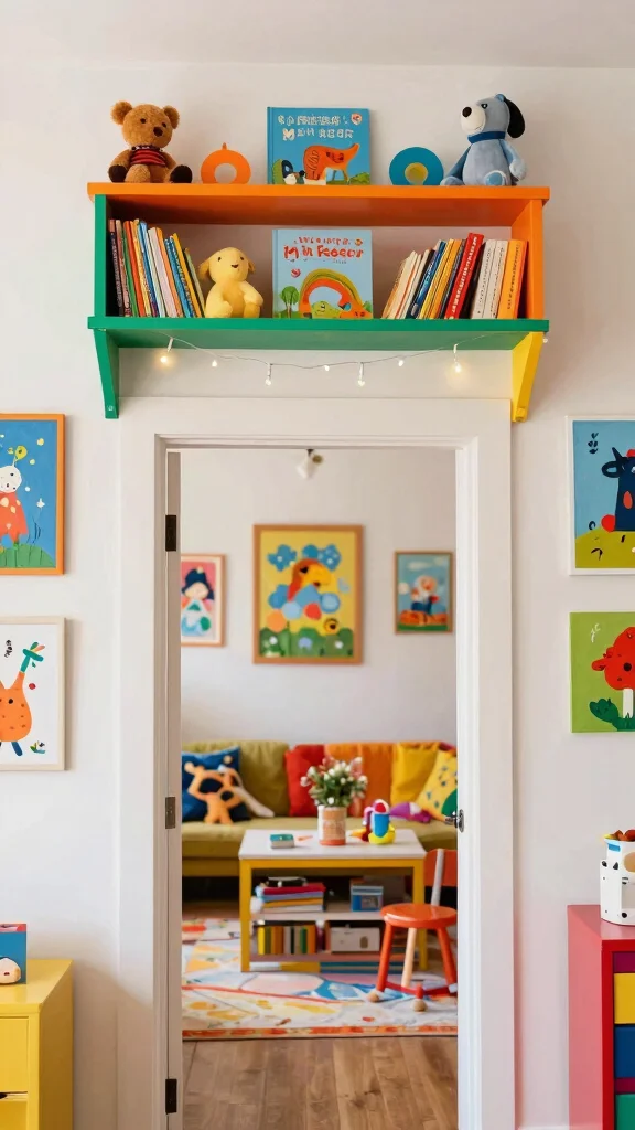 13 Above-Doorway Shelf Ideas for Vertical Storage and Display - 9. Playful Kid-Friendly Shelf for a Family Home 1