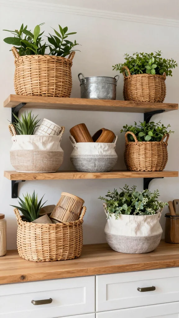 13 Above Kitchen Cabinet Basket Ideas for Extra Storage and Display - 11. Basket Combos for Dynamic Decor 1