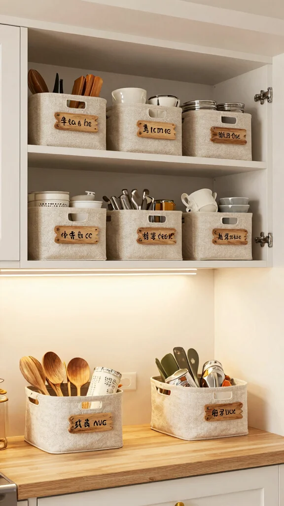 13 Above Kitchen Cabinet Basket Ideas for Extra Storage and Display - 12. Labeled Baskets for Easy Organization 1