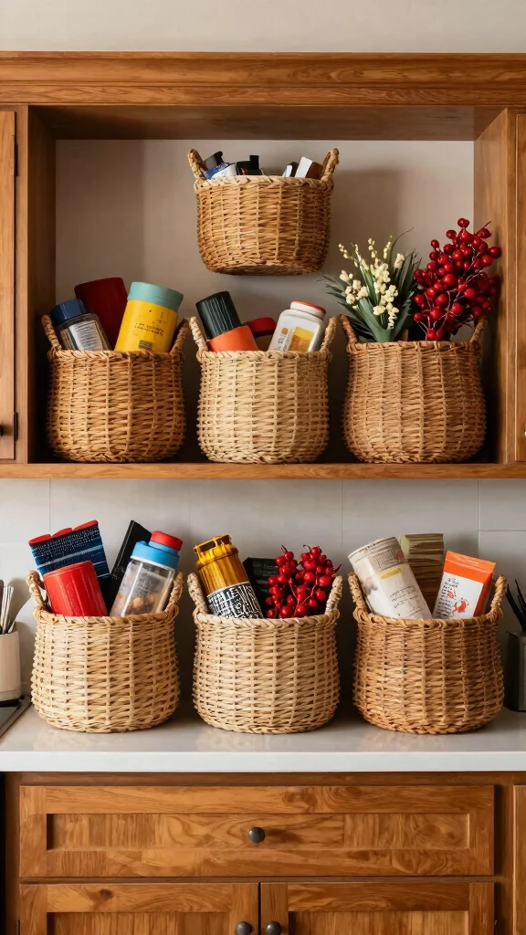 13 Above Kitchen Cabinet Basket Ideas for Extra Storage and Display - 13. Baskets of Varying Heights for Visual Interest 1