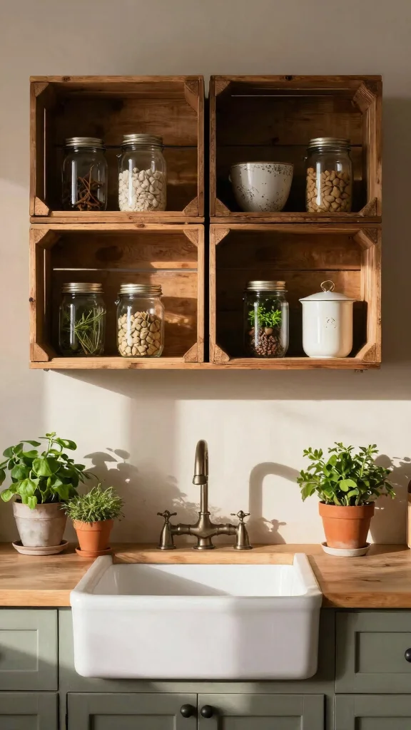 13 Above Kitchen Cabinet Basket Ideas for Extra Storage and Display - 2. Vintage Wooden Crates for a Rustic Touch 1