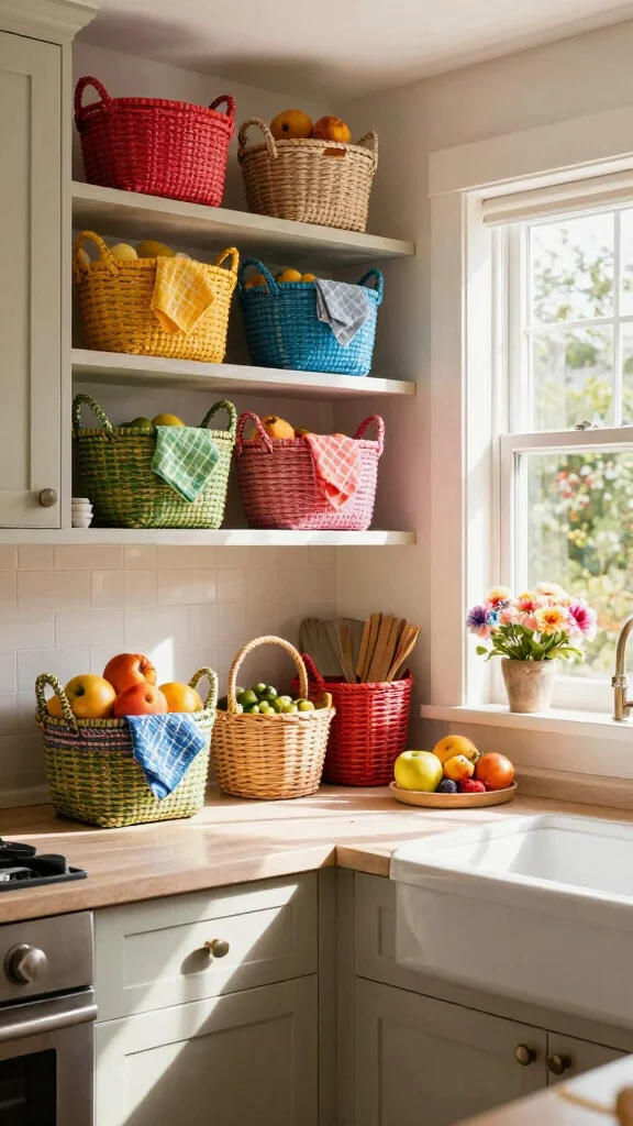 13 Above Kitchen Cabinet Basket Ideas for Extra Storage and Display - 5. Colorful Baskets for a Pop of Fun 1