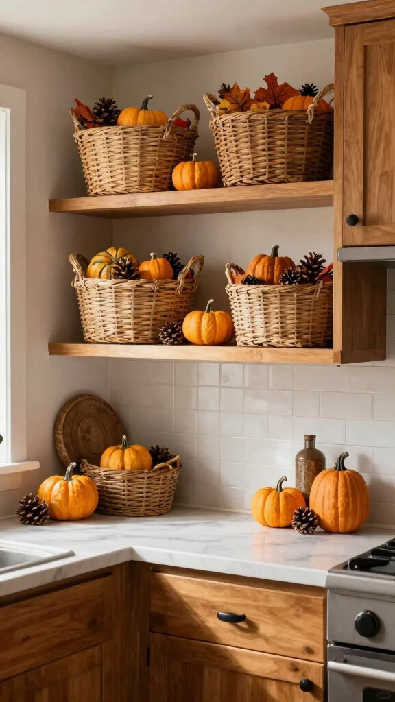 13 Above Kitchen Cabinet Basket Ideas for Extra Storage and Display - 8. Seasonal Baskets for Year-Round Charm 1