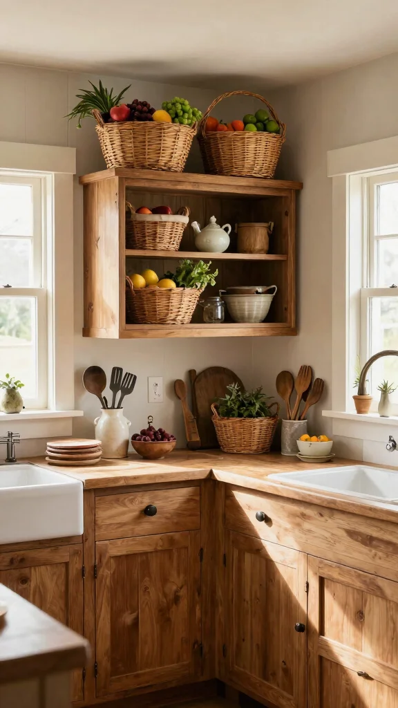 13 Above Kitchen Cabinet Basket Ideas for Extra Storage and Display - 9. Farmhouse Style Baskets for an Authentic Feel 1