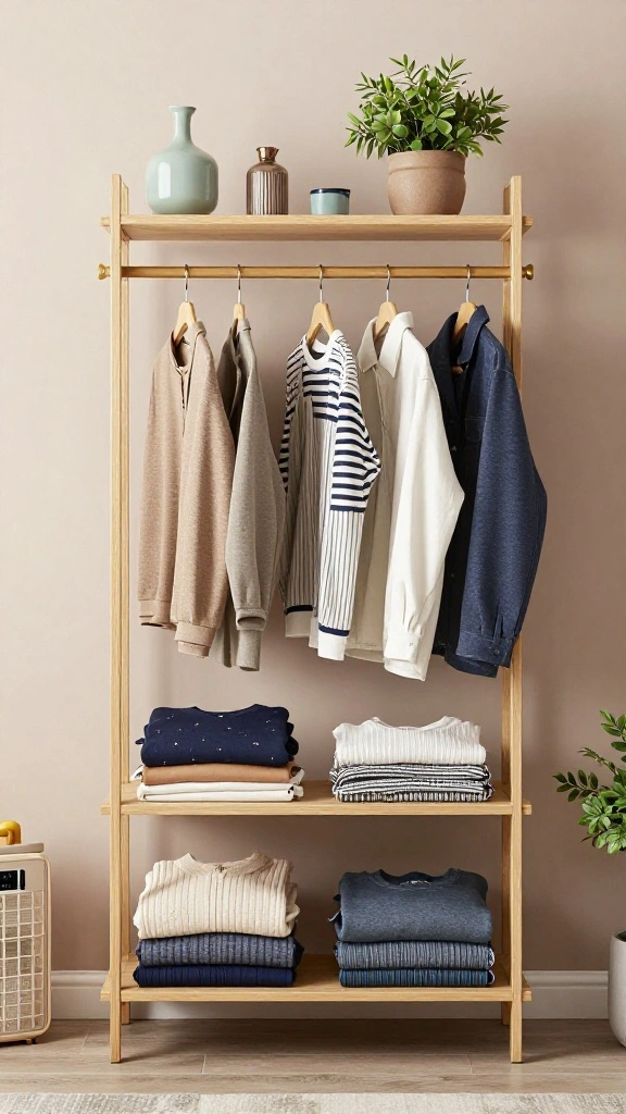 13 Clothes Organization Ideas Without Hangers for a Folded Minimal Wardrobe - 11. Use a Clothing Rack for Folded Pieces 1