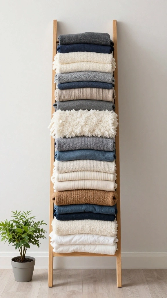 13 Clothes Organization Ideas Without Hangers for a Folded Minimal Wardrobe - 6. Use a Blanket Ladder for Display and Storage 1