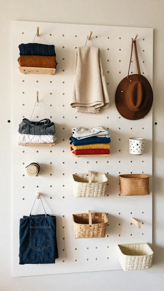 13 Clothes Organization Ideas Without Hangers for a Folded Minimal Wardrobe - 8. Use a Pegboard for Accessories and More 1