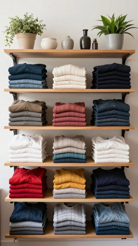 13 Clothes Organization Ideas Without Hangers for a Folded Minimal Wardrobe - 9. Create a Folded Clothing Wall Display 1
