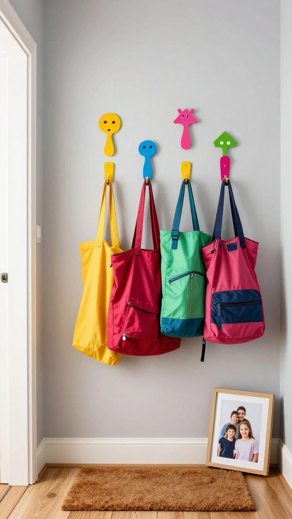 13 Entryway Wall Clothes Hanger Ideas for a Welcoming Organized Space - 6. Colorful Painted Hooks 1