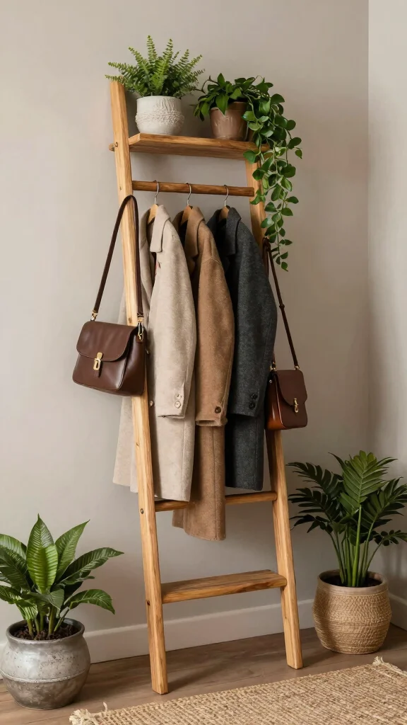 13 Entryway Wall Clothes Hanger Ideas for a Welcoming Organized Space - 8. Creative Ladder Rack 1