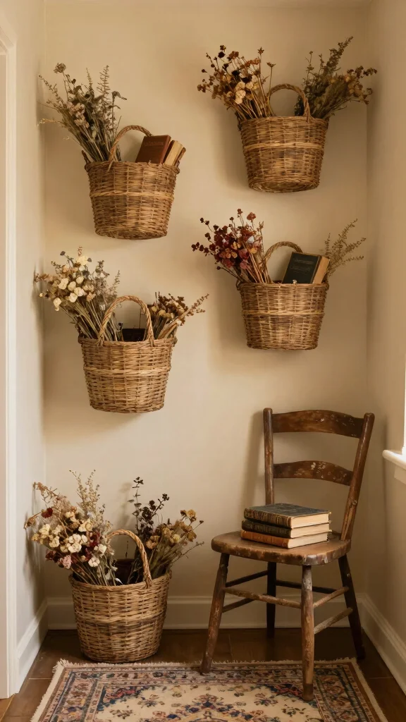 13 Four Basket Wall Display Ideas for a Full Textured Gallery Wall - 7. Vintage Inspired 1