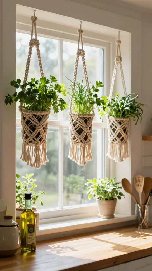 13 Kitchen Window Hanging Basket Ideas for Herbs and Plants - 1. Macrame Marvels 1