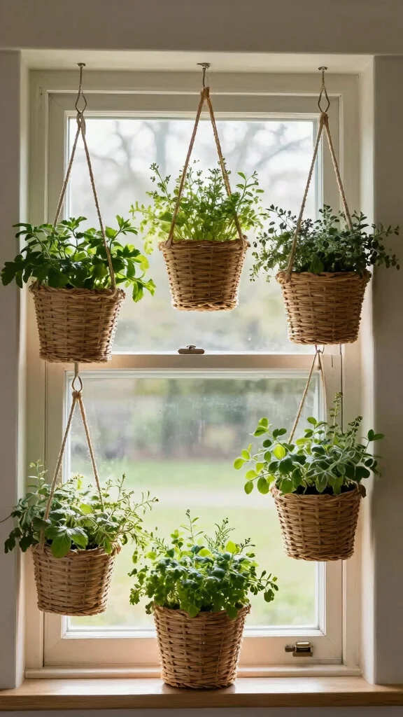 13 Kitchen Window Hanging Basket Ideas for Herbs and Plants - 10. Woven Hanging Baskets 1