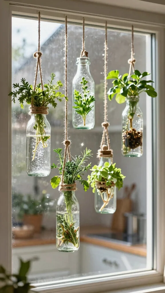 13 Kitchen Window Hanging Basket Ideas for Herbs and Plants - 11. DIY Hanging Planters from Old Bottles 1