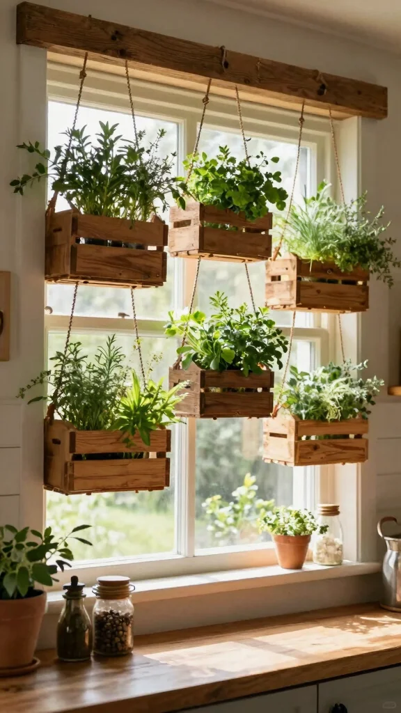 13 Kitchen Window Hanging Basket Ideas for Herbs and Plants - 2. Rustic Wooden Crates 1