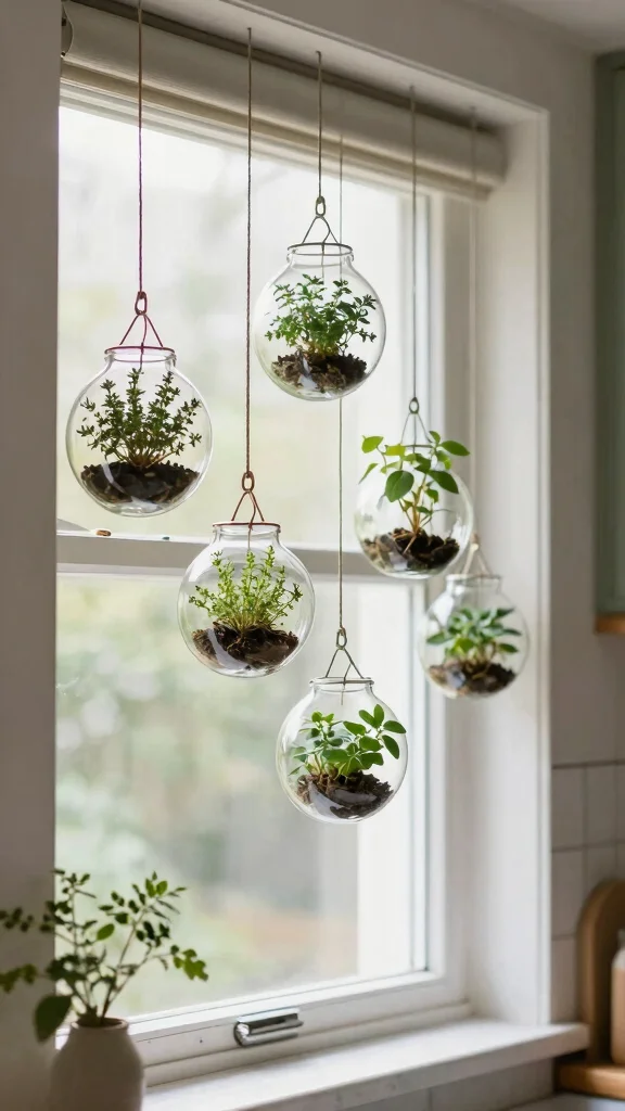 13 Kitchen Window Hanging Basket Ideas for Herbs and Plants - 3. Elegant Glass Terrariums 1