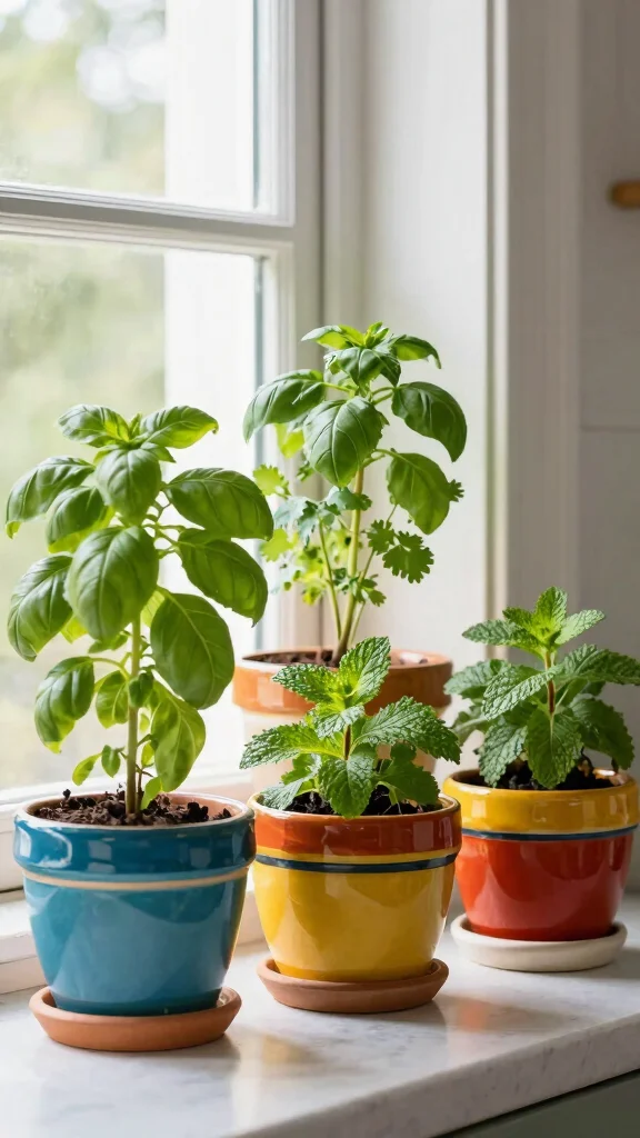 13 Kitchen Window Hanging Basket Ideas for Herbs and Plants - 4. Colorful Ceramic Pots 1