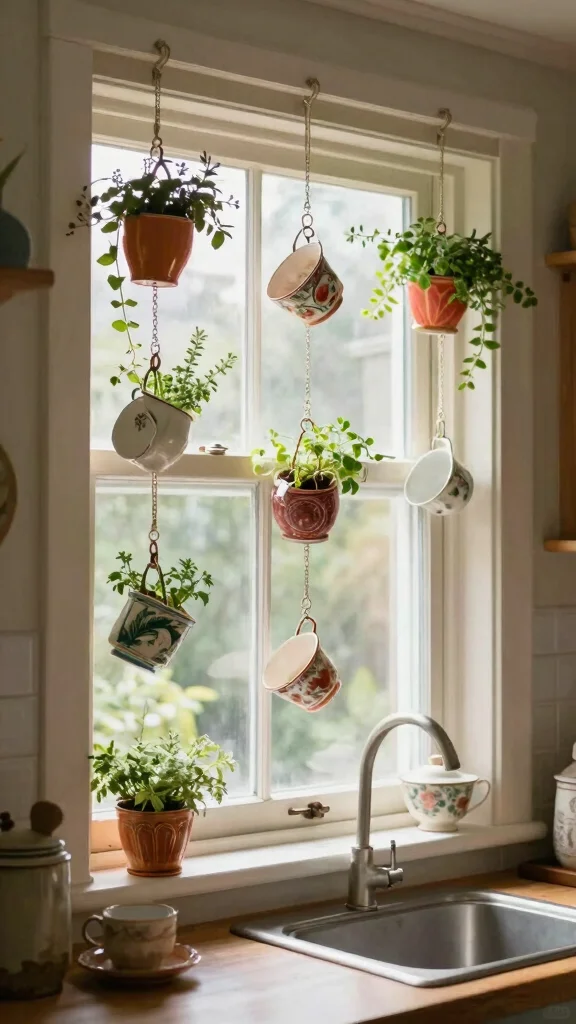 13 Kitchen Window Hanging Basket Ideas for Herbs and Plants - 5. Vintage Tea Cups 1