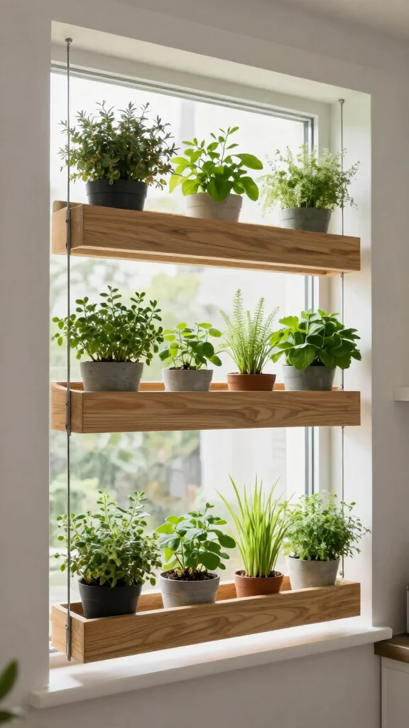 13 Kitchen Window Hanging Basket Ideas for Herbs and Plants - 6. Hanging Planter Shelves 1