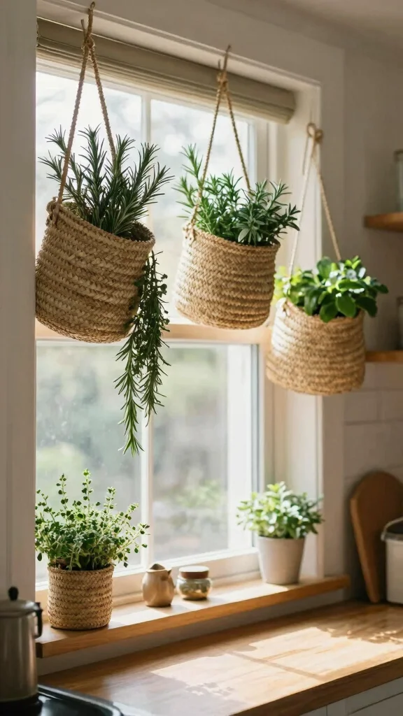 13 Kitchen Window Hanging Basket Ideas for Herbs and Plants - 8. Hanging Straw Baskets 1