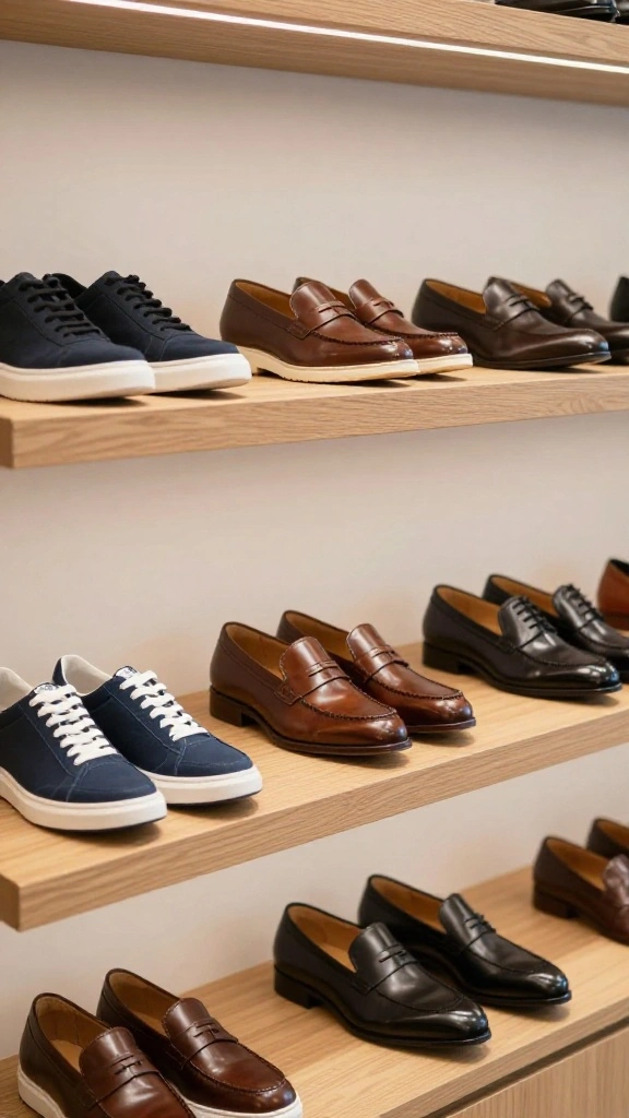 13 Men's Clothes on Hangers Aesthetic Ideas for a Clean Minimal Wardrobe - 8. Functional Footwear Display 1