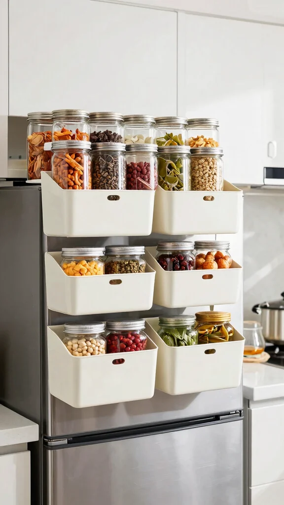 13 On Top of Fridge Basket Ideas for a Space Smart Kitchen Storage - 12. Clear Jars in Baskets for a Stylish Duo 1