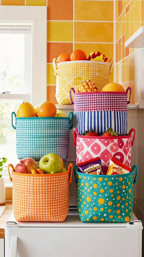 13 On Top of Fridge Basket Ideas for a Space Smart Kitchen Storage - 2. Colorful Fabric Baskets for a Fun Pop 1