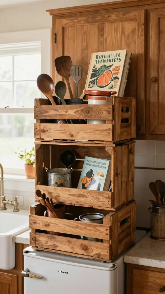 13 On Top of Fridge Basket Ideas for a Space Smart Kitchen Storage - 3. Rustic Wooden Crates for a Farmhouse Feel 1