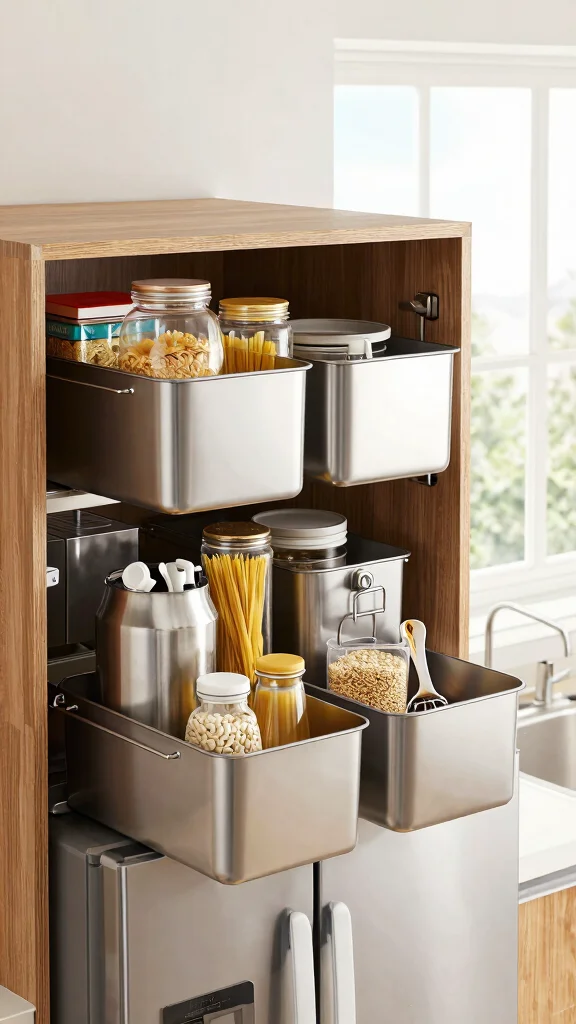 13 On Top of Fridge Basket Ideas for a Space Smart Kitchen Storage - 4. Stylish Metal Bins for an Industrial Edge 1
