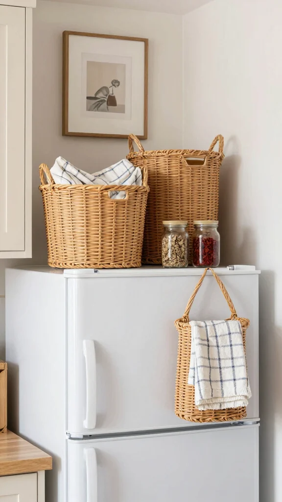 13 On Top of Fridge Basket Ideas for a Space Smart Kitchen Storage - 5. Chic Rattan Baskets for Texture and Elegance 1