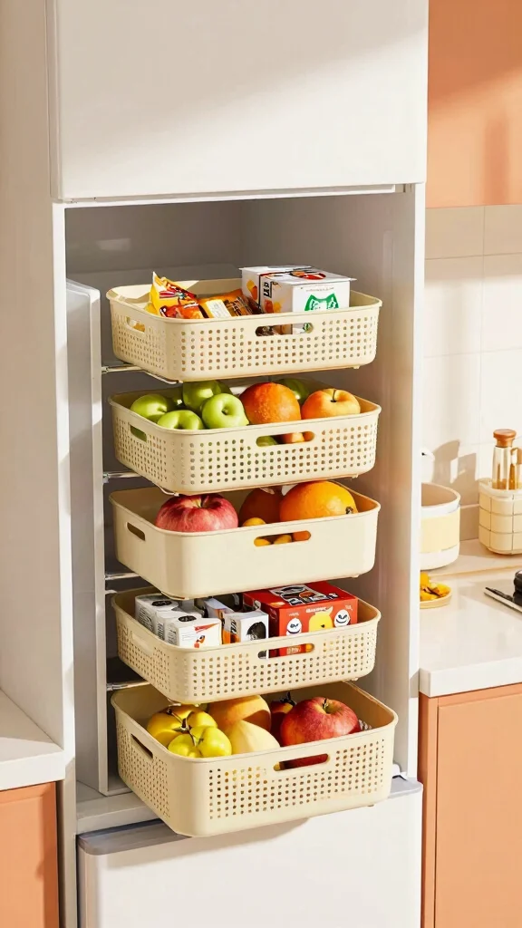 13 On Top of Fridge Basket Ideas for a Space Smart Kitchen Storage - 8. Stylish Tiered Baskets to Maximize Space 1