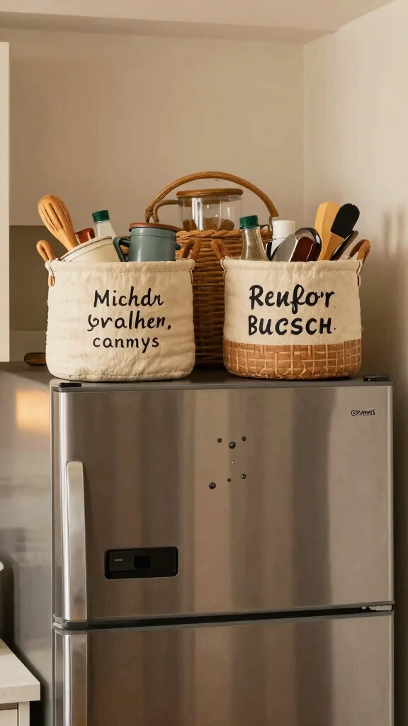 13 On Top of Fridge Basket Ideas for a Space Smart Kitchen Storage - 9. Personalized Baskets for Unique Charm 1