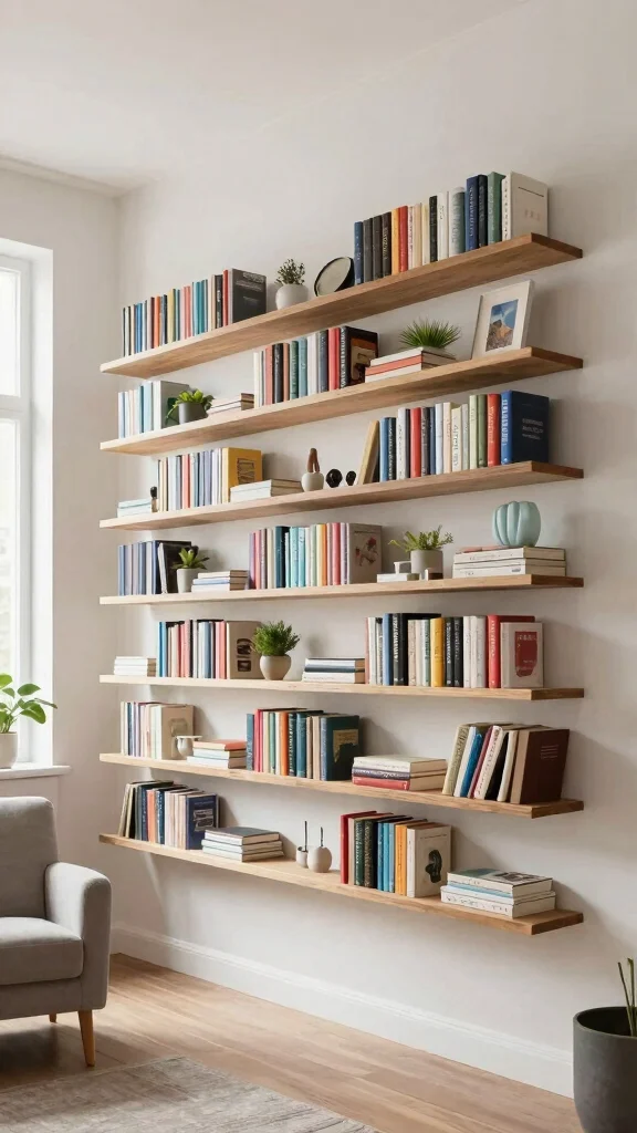 13 Shelf Ideas for the Living Room for Every Style and Wall - 11. Floating Bookshelves 1